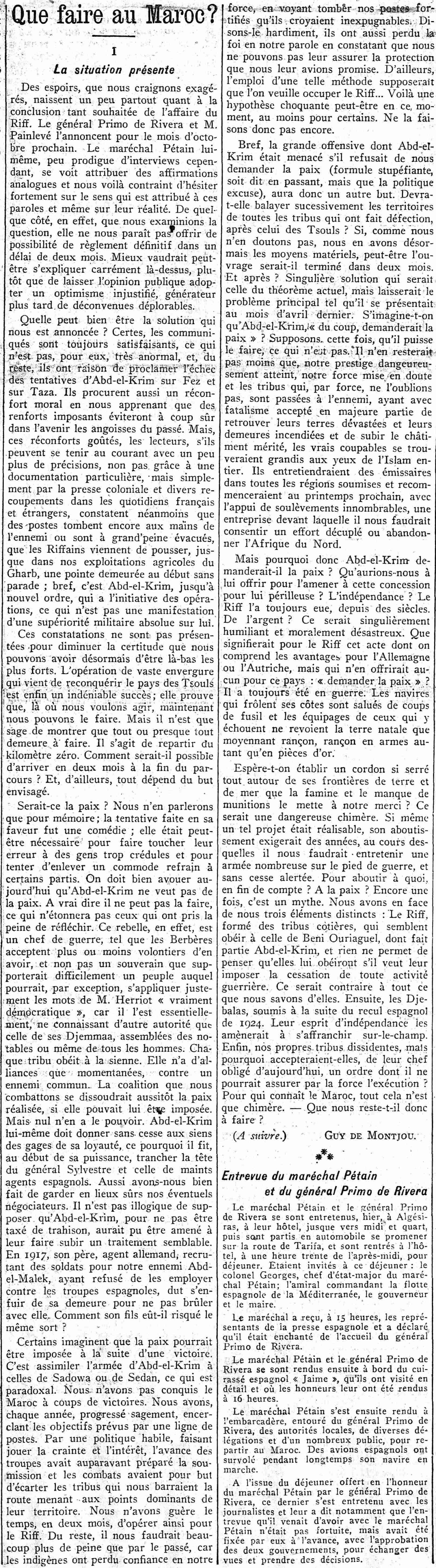 Journal des débats 1925 08 23 art 01 Que faire au Maroc