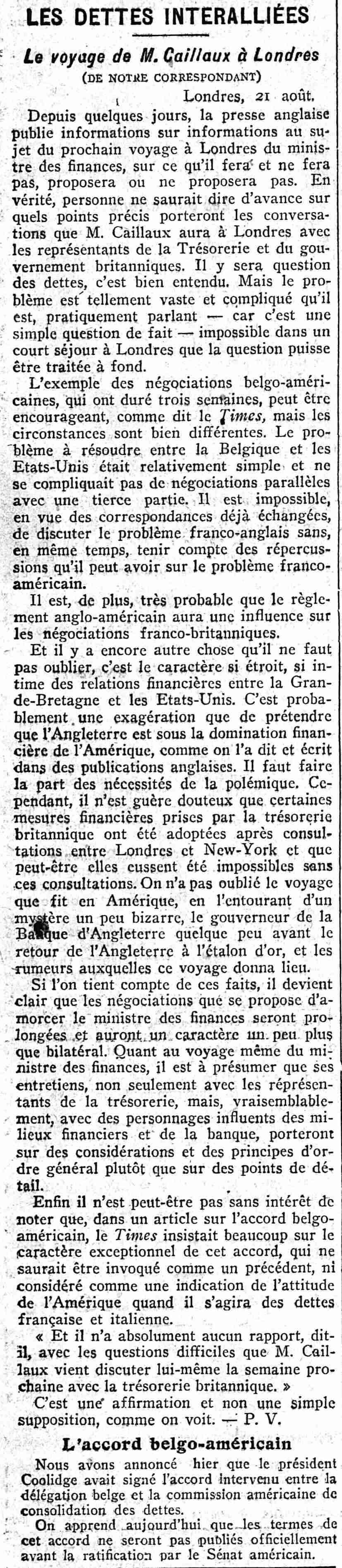 Journal des débats 1925 08 23 art 02 le voyage de Monsieur Caillaux à Londres