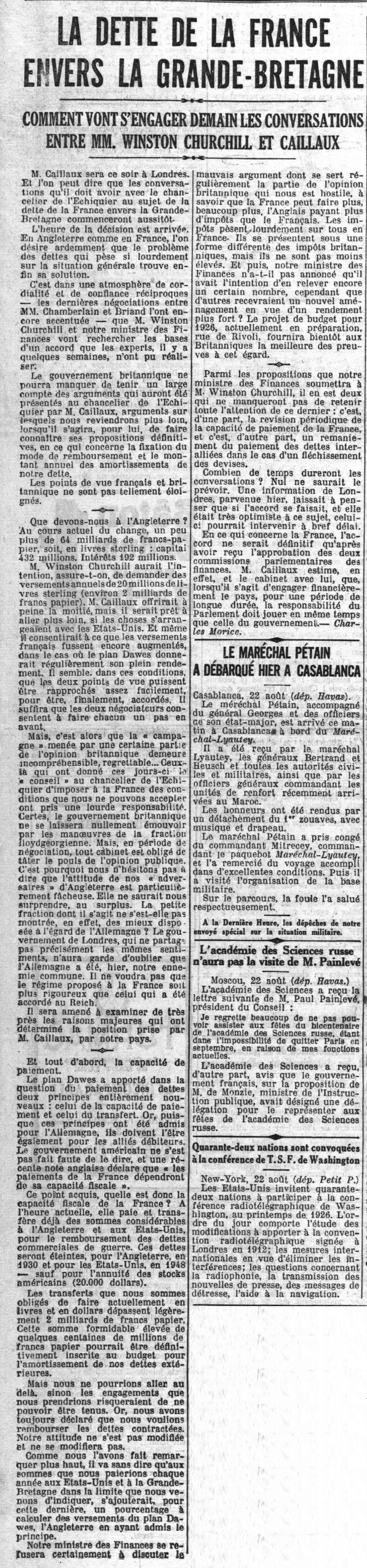 Le Petit Parisien 1925 08 23 art 01 la dette de la France à l'Angleterre 1