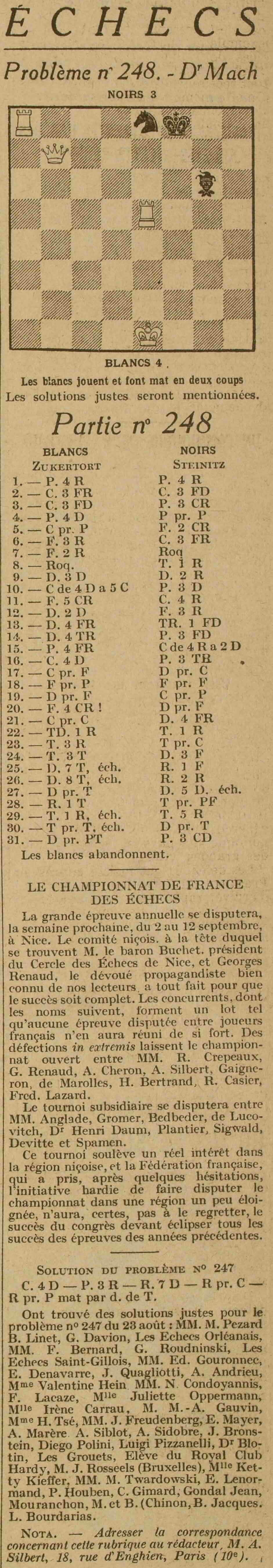 Excelsior 1925 08 30 ar 02 : partie d'échec jouée entre Zukertort et Steinitz