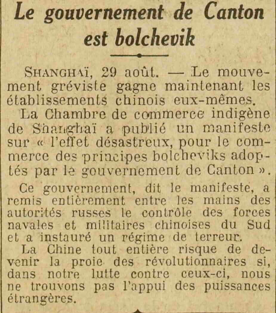 Excelsior 1925 08 30 article 03 :Le guvernement de Canton est bolchevik