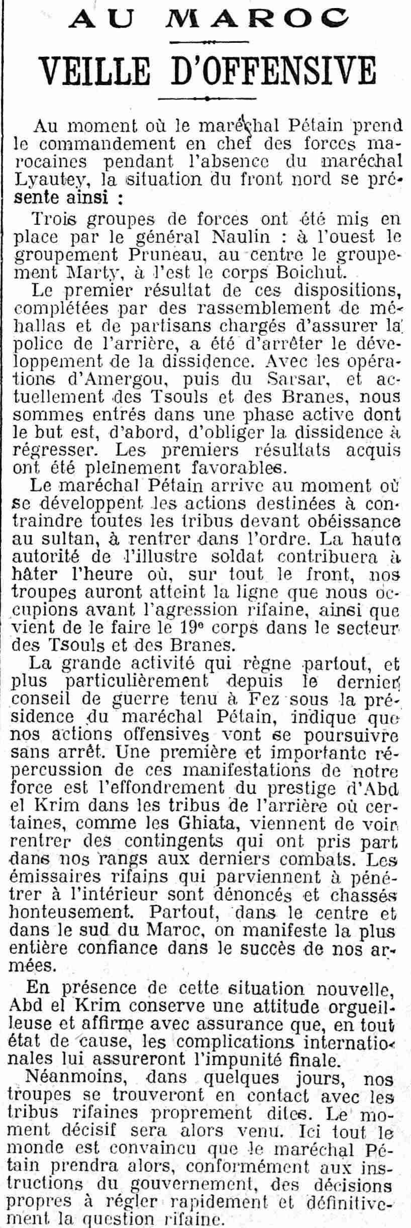 Figaro 1925 08 30 article 01 : au Maroc veille dintervention