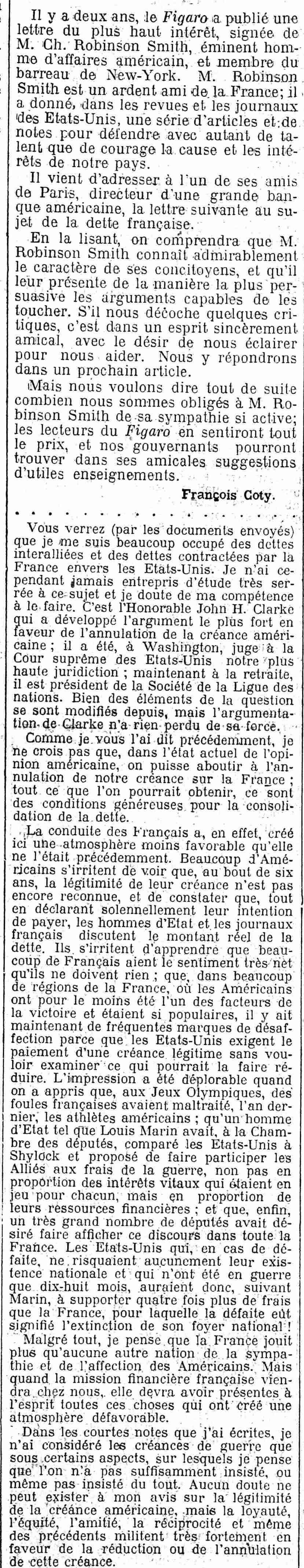 Figaro 1925 08 30 article 01: lettre d'un juriste Américain sur la dette française