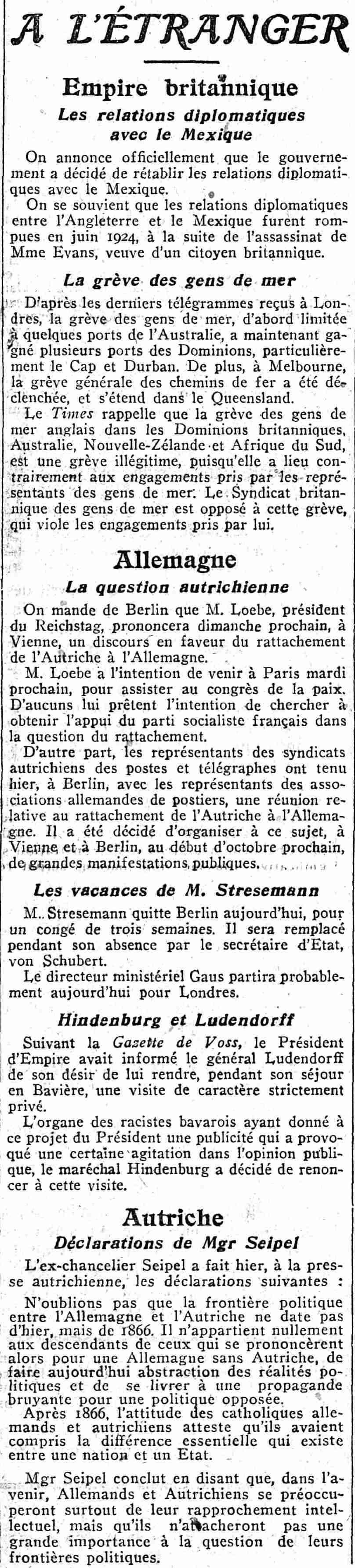 Journal des débats 1925 08 30 article 02 nouvelles de l'étranger Angleterre et Allemagne