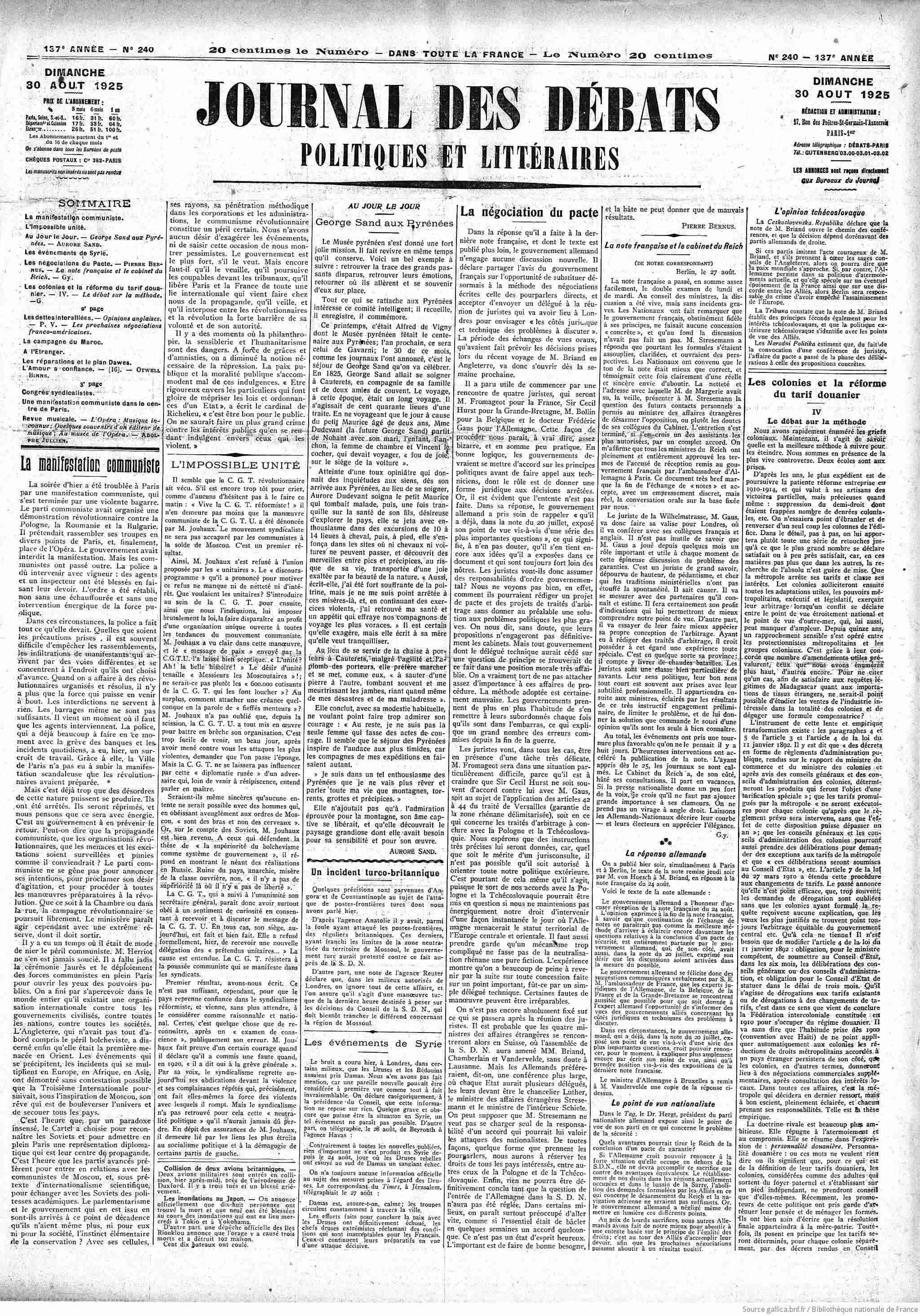 Journal des débats 1925 08 30 : Page 01 George Sand