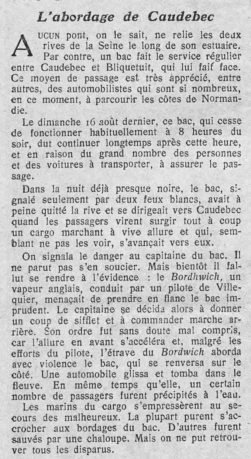 Le Petit journal illustré 1925 08 30 art 02 : le bac de Caudebec
