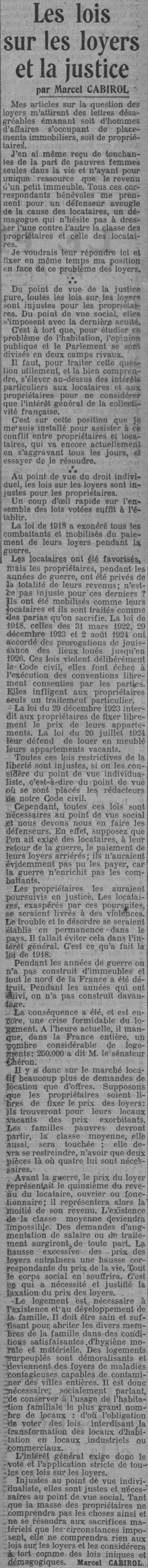 Paris soir 1925 08 30 article 01 loi sur les loyers et justice