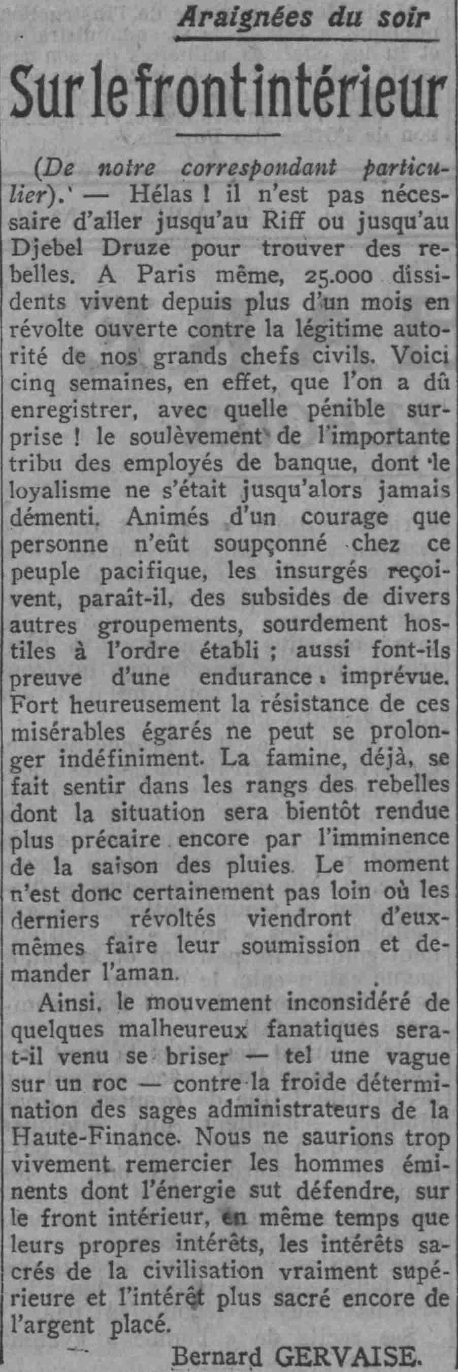 Paris soir 1925 08 30 article 01 :  sur le front intérieur 