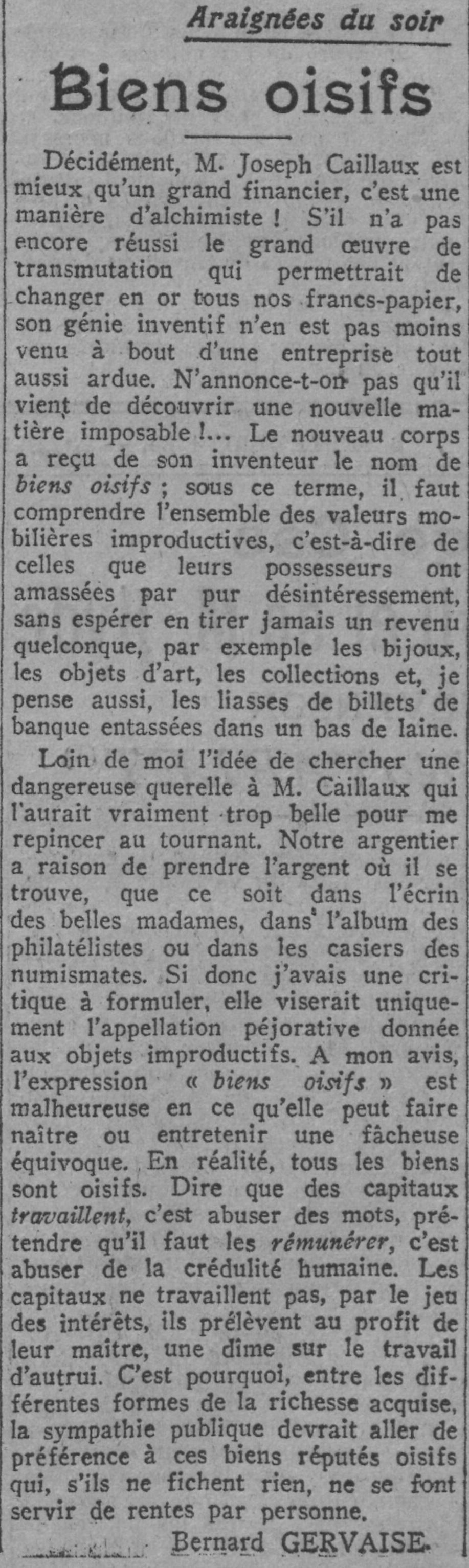 Paris soir 1925 09 06 article : les biens oisifs