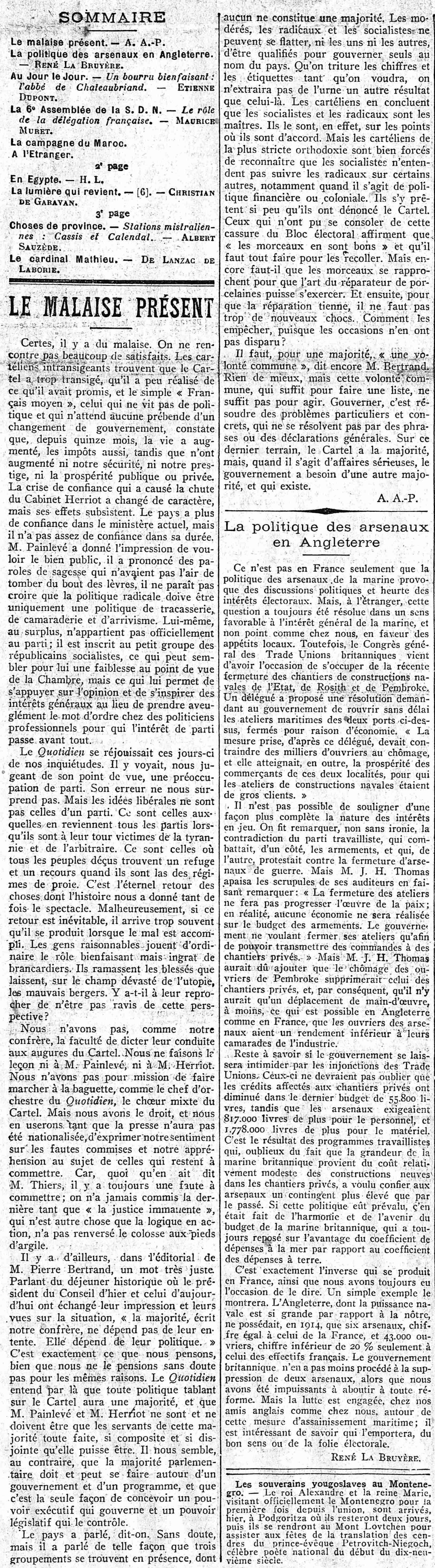 Journal des débats 1925 09 20 article Le malaise présent