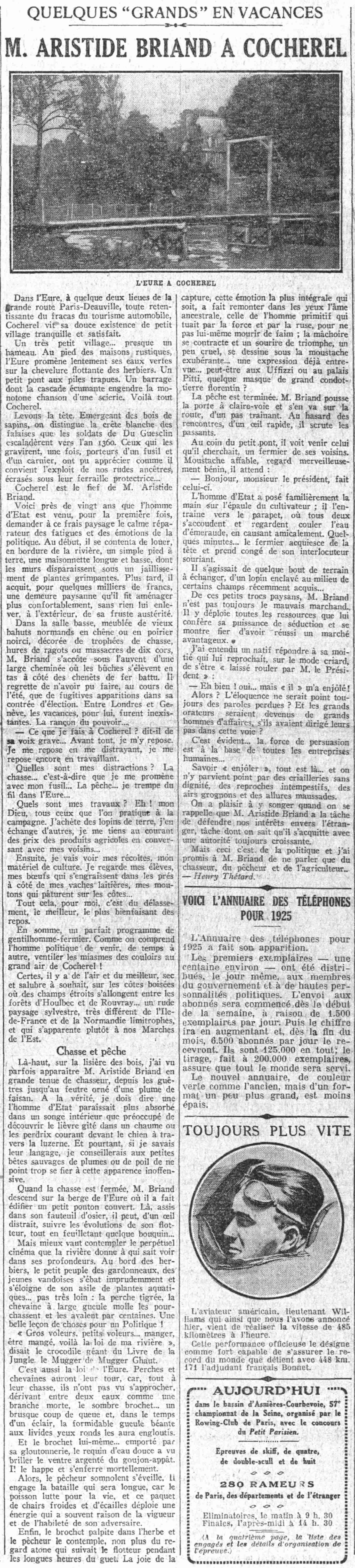 Le Petit Parisien 1925 09 20 article - Aristide Briand à Cocherel 1