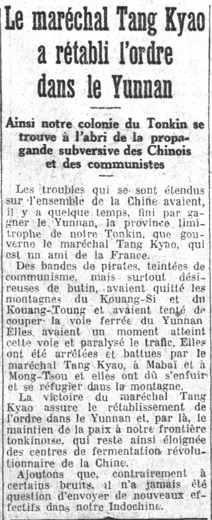 Le Petit Parisien 1925 09 20 article - Le maréchal Tang Kyao a rétabli lordre dans le Yunnan 1