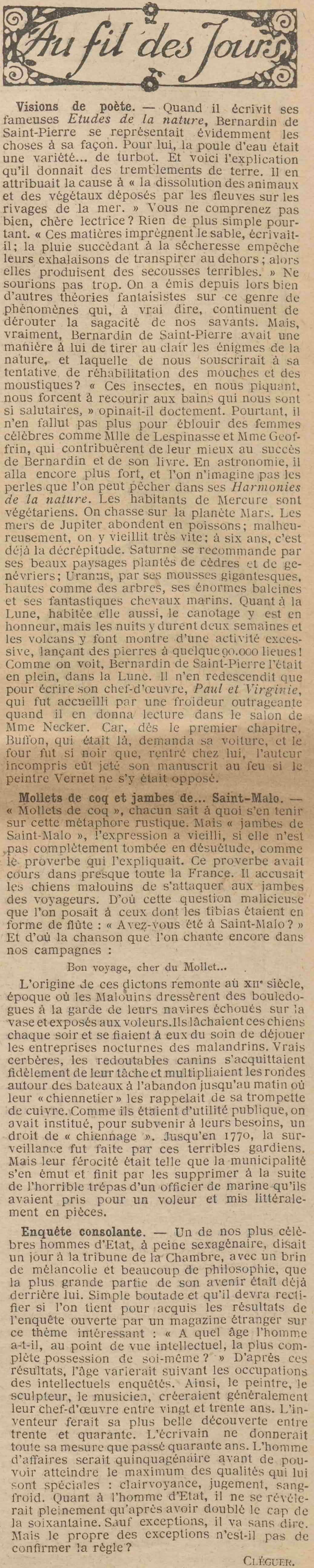 Le Petit écho de la mode 1925 09 20 Au fil des jours,  Bernardin de Saint Pierre, Saint Malo, mollets de coq.