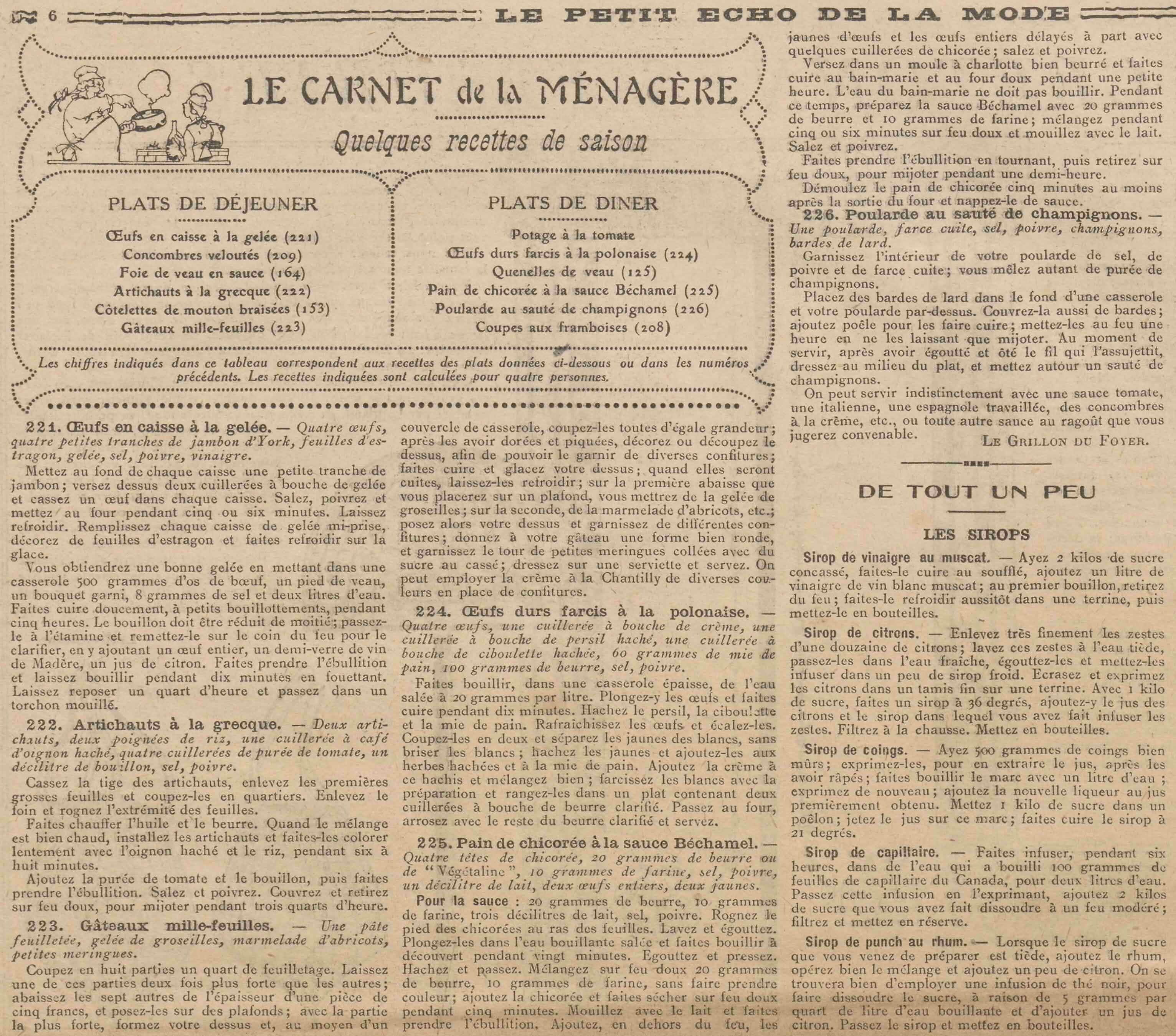 Le Petit écho de la mode 1925 09 20 menus et recettes de La Bignole