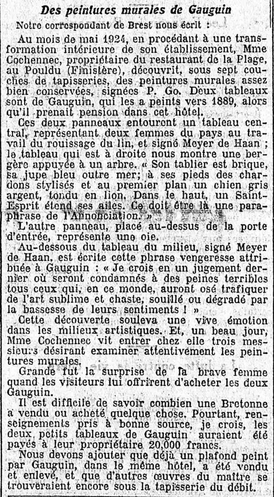 Le Temps 1925 09 20 article Deux tableaux de Gauguin au Pouldu 4