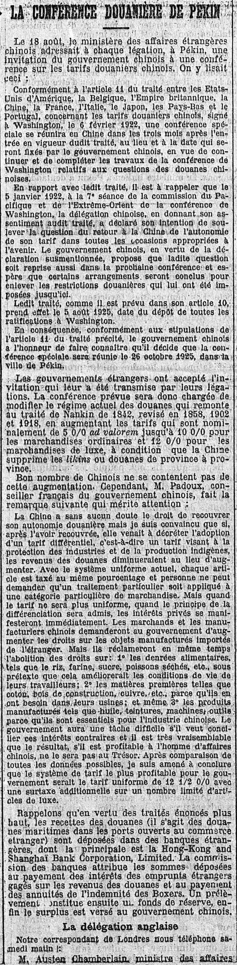 Le Temps 1925 09 20 article La conférence douanière en Chine 1