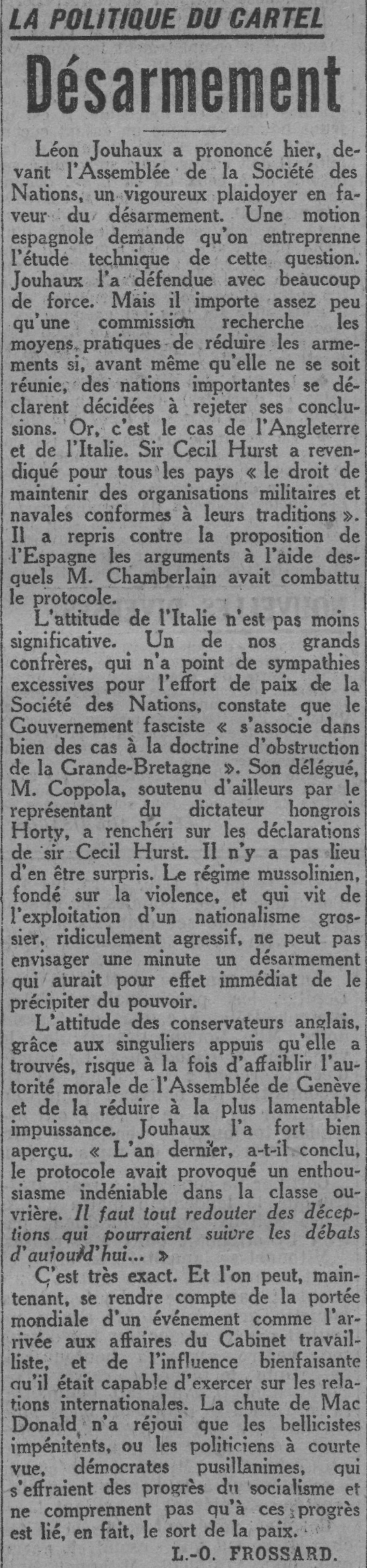 Paris soir 1925 09 20 article - plaidoyer pour le désarmement