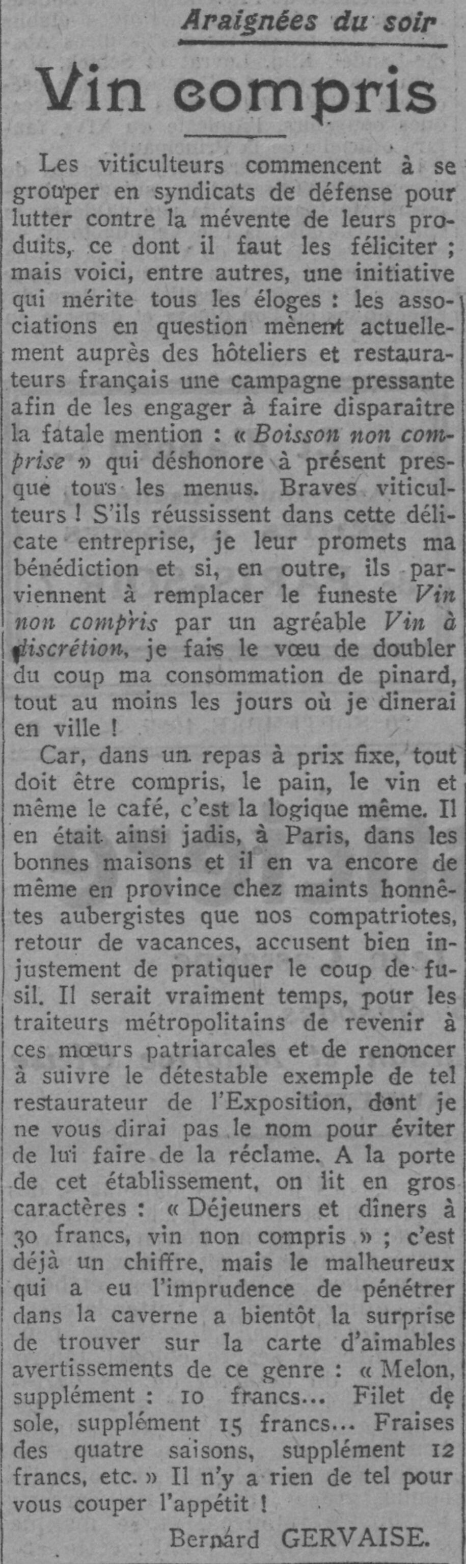 Paris soir 1925 09 20 article Araignée du soir  Vin compris