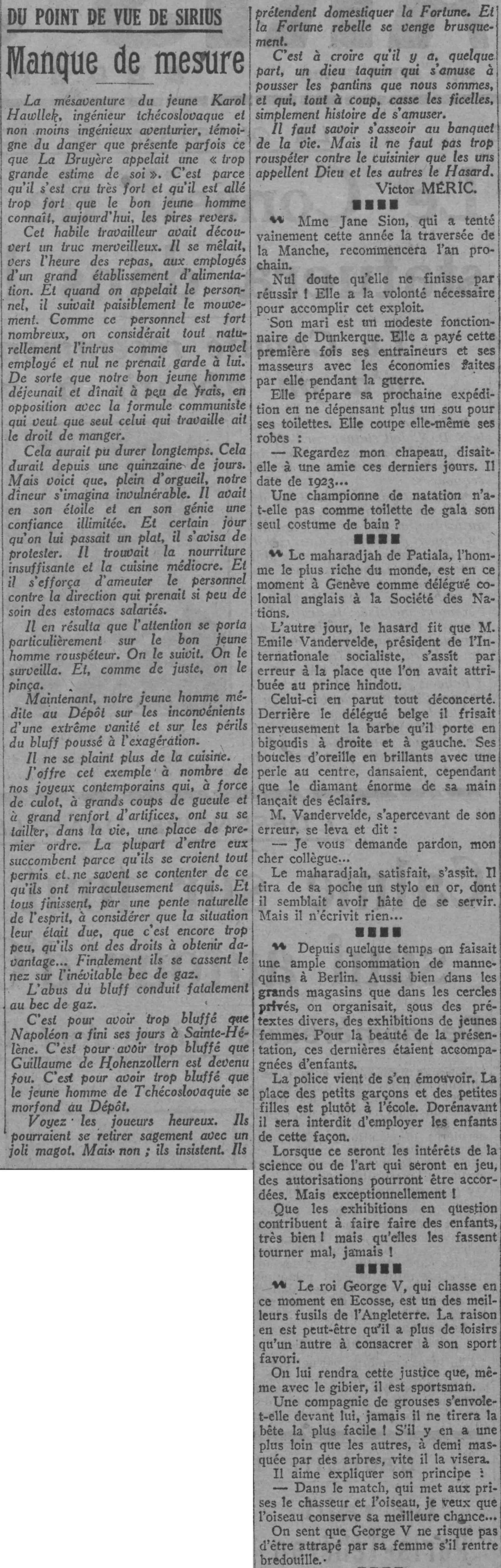 Paris soir 1925 09 20  À tous échos vin compris articleVictor Méric