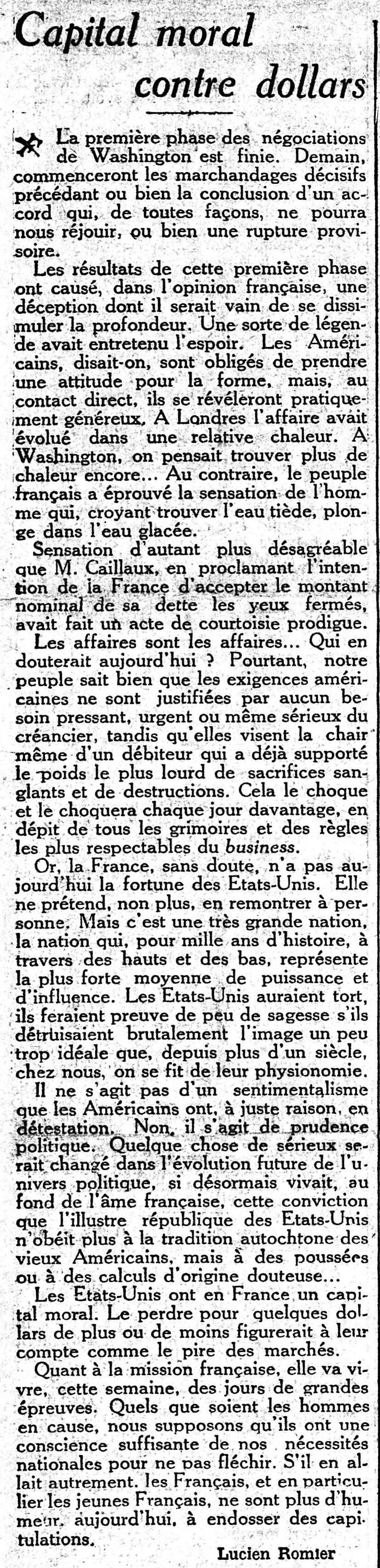 Figaro 1925 09 27 Capital moral contre dollars