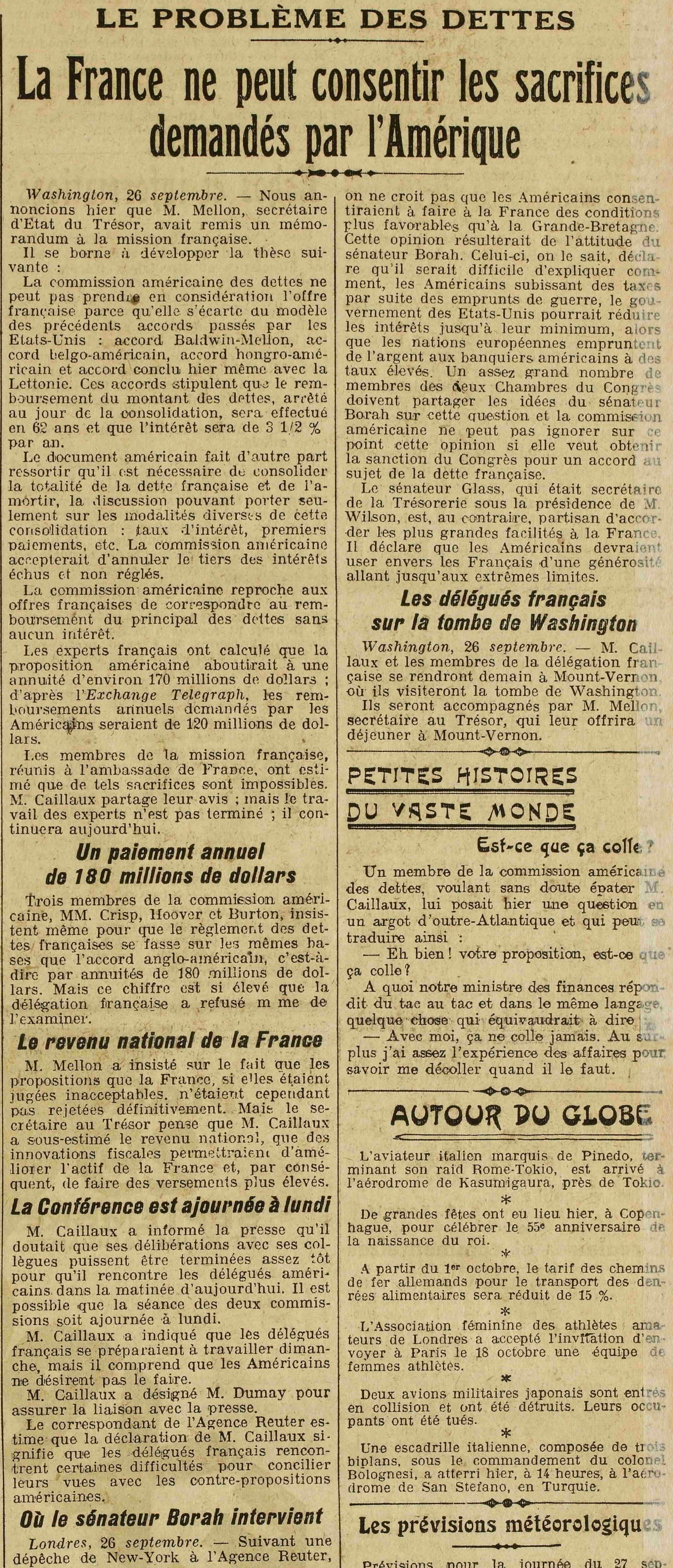 LOeuvre 1925 09 27 180 millions de dllars, la France ne peut pas se permettre dedébourser une telle somme