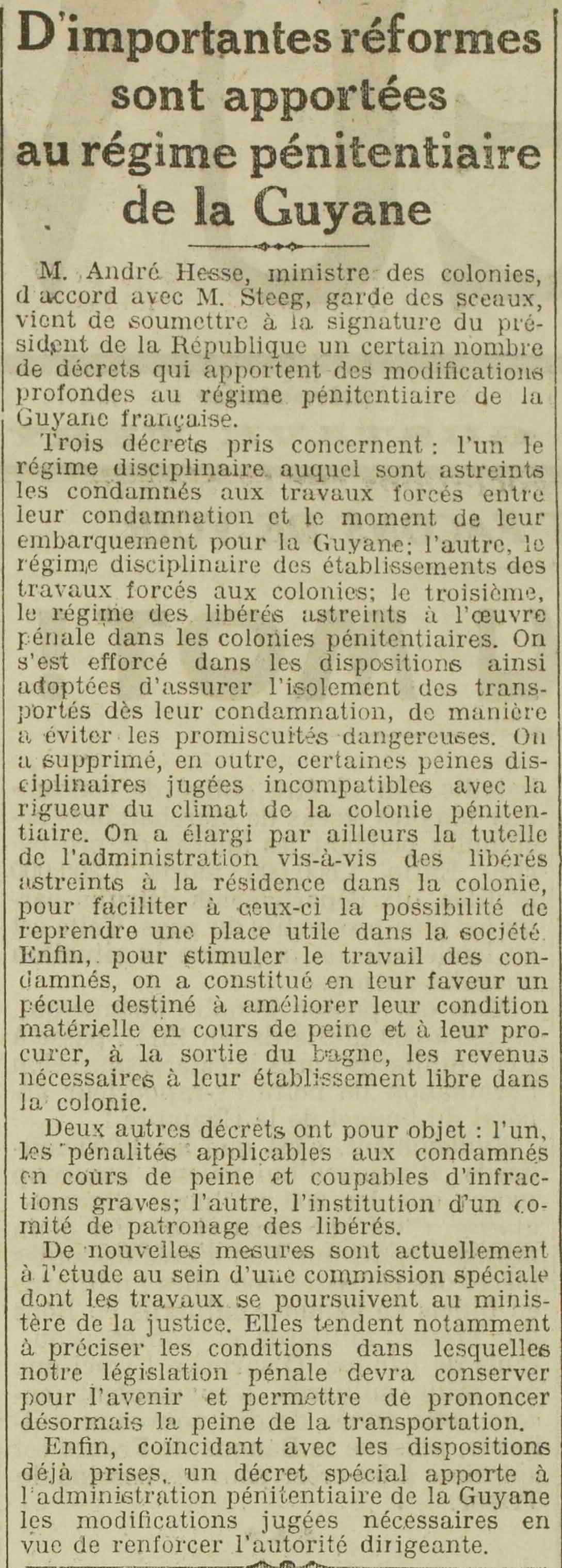 LOeuvre 1925 09 27 les réformes pénitentiaire en Guyane