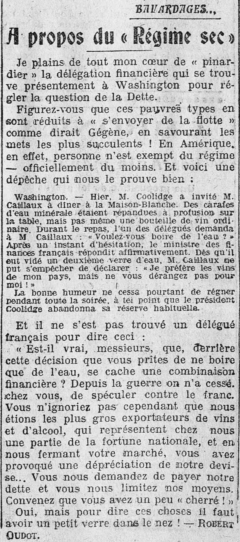La Presse 1925 09 27 A propos du régime sec aux Etats-Unis