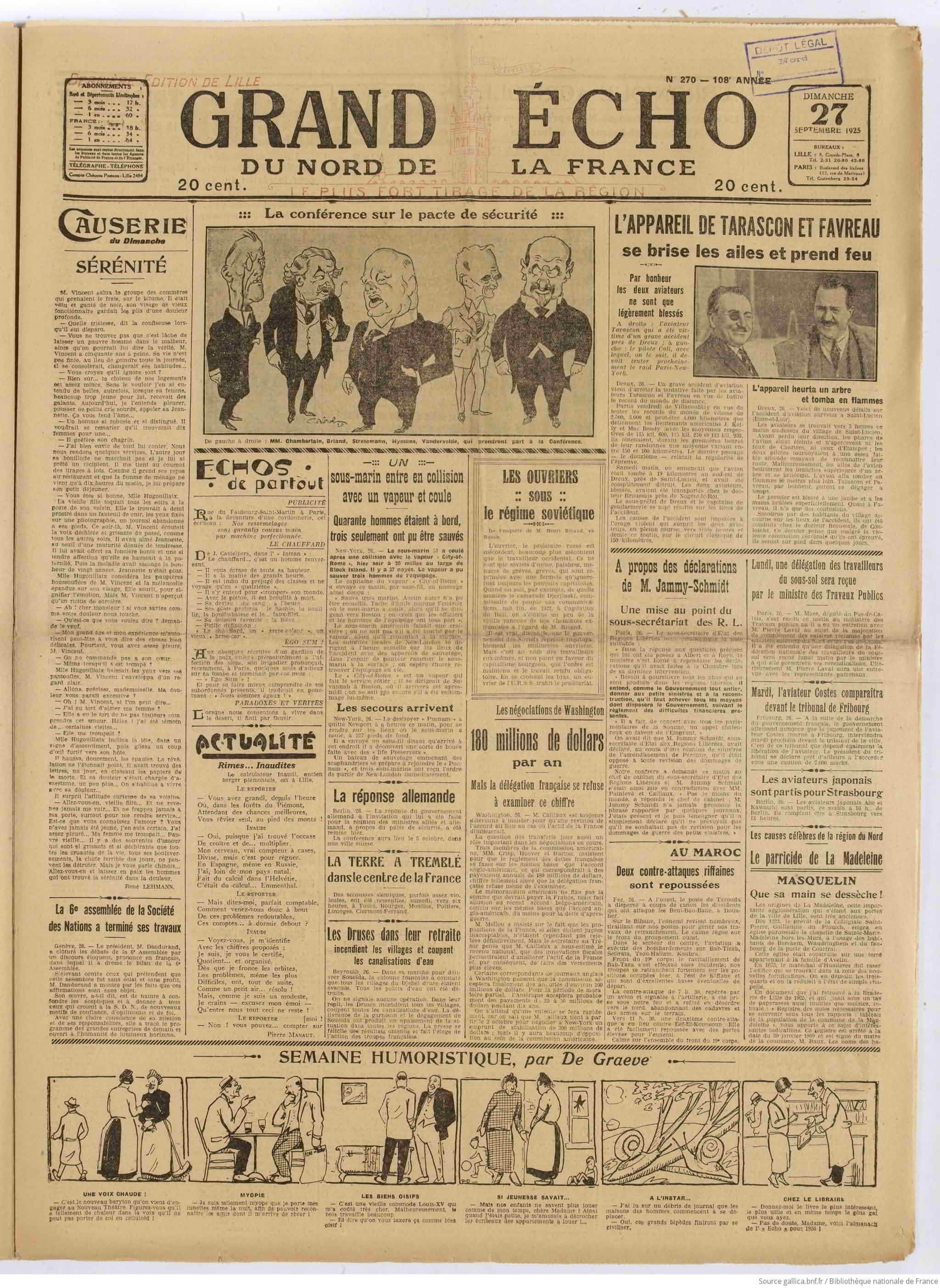 Le Grand écho du Nord 1925 09 27 Page une