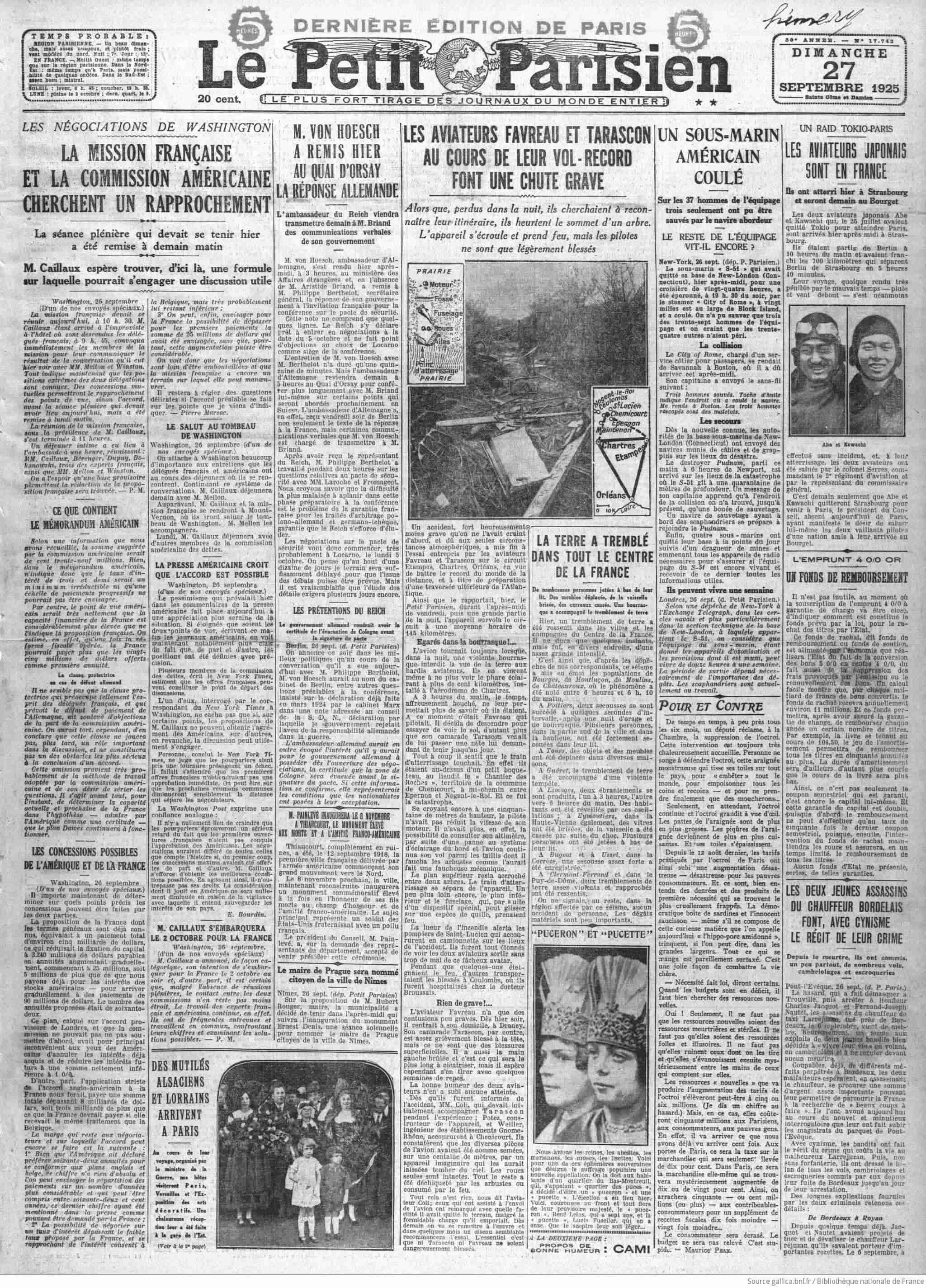 Le Petit Parisien 1925 09 27 Page une