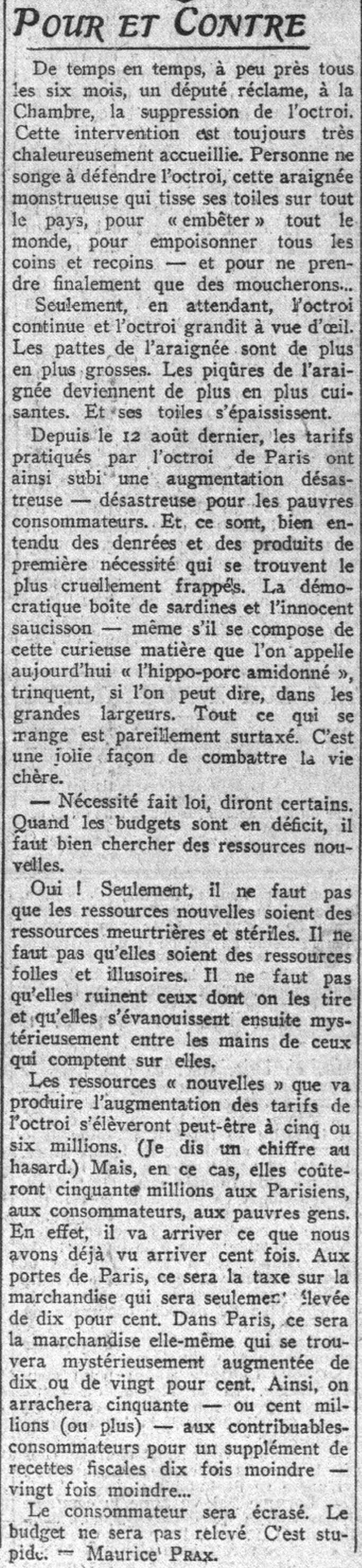 Le Petit Parisien 1925 09 27 l'octroi  Pour ou Contre Maurice Prax