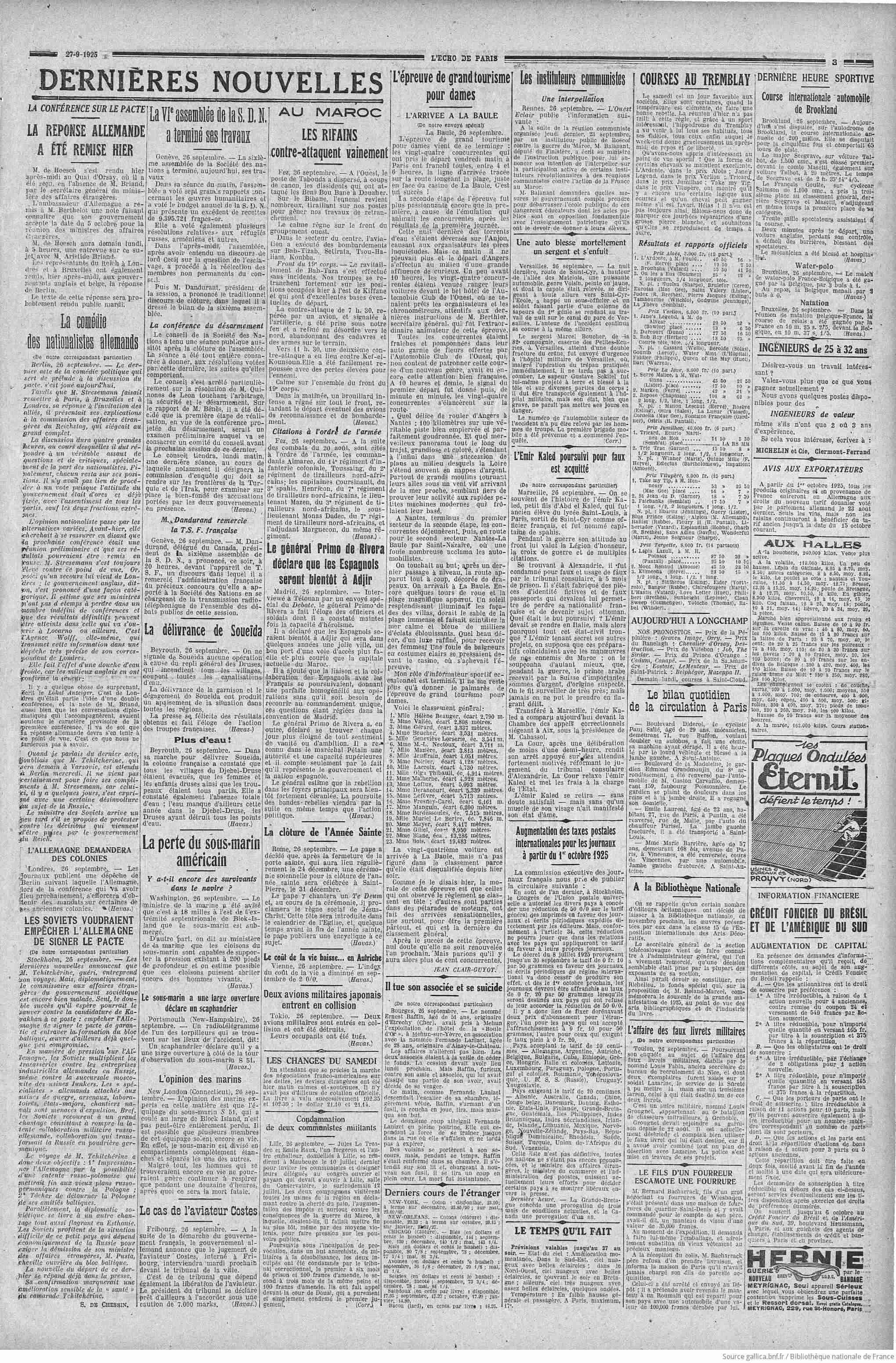 LÉcho de Paris 1925 09 27 Page trois