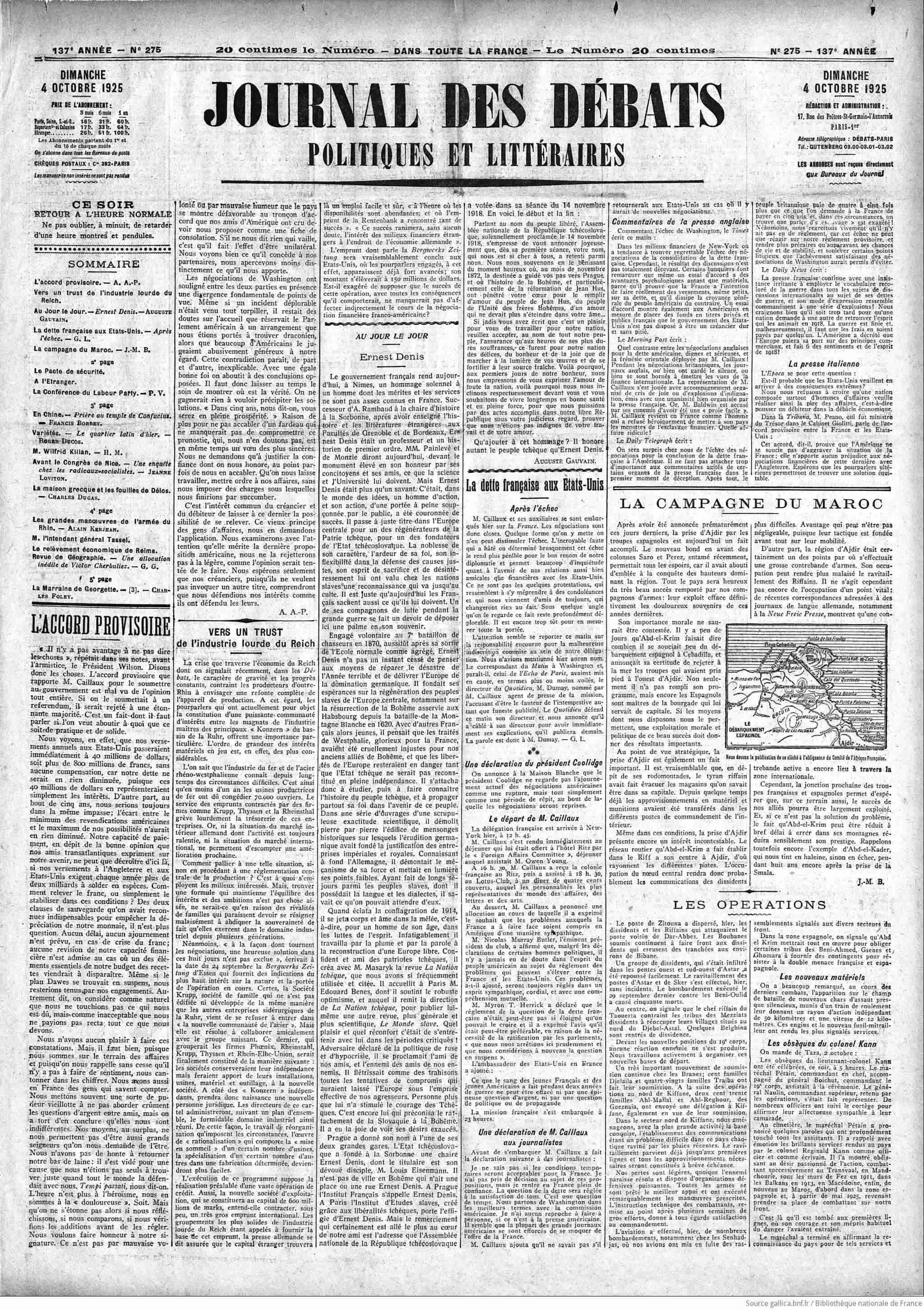 Journal des débats 1925 10 04 Page 1