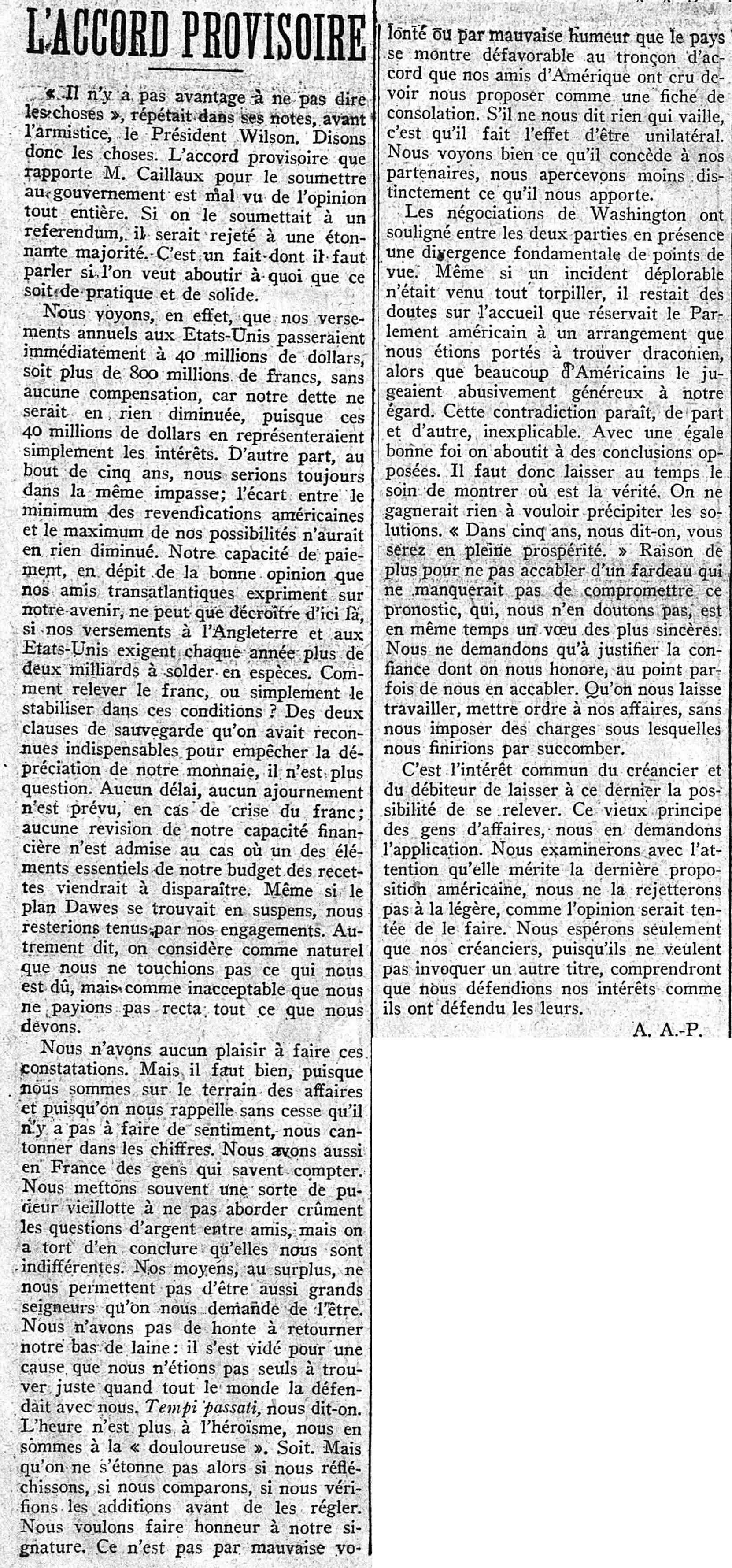 Journal des débats 1925 10 04 l'accord provisoire à Whashington