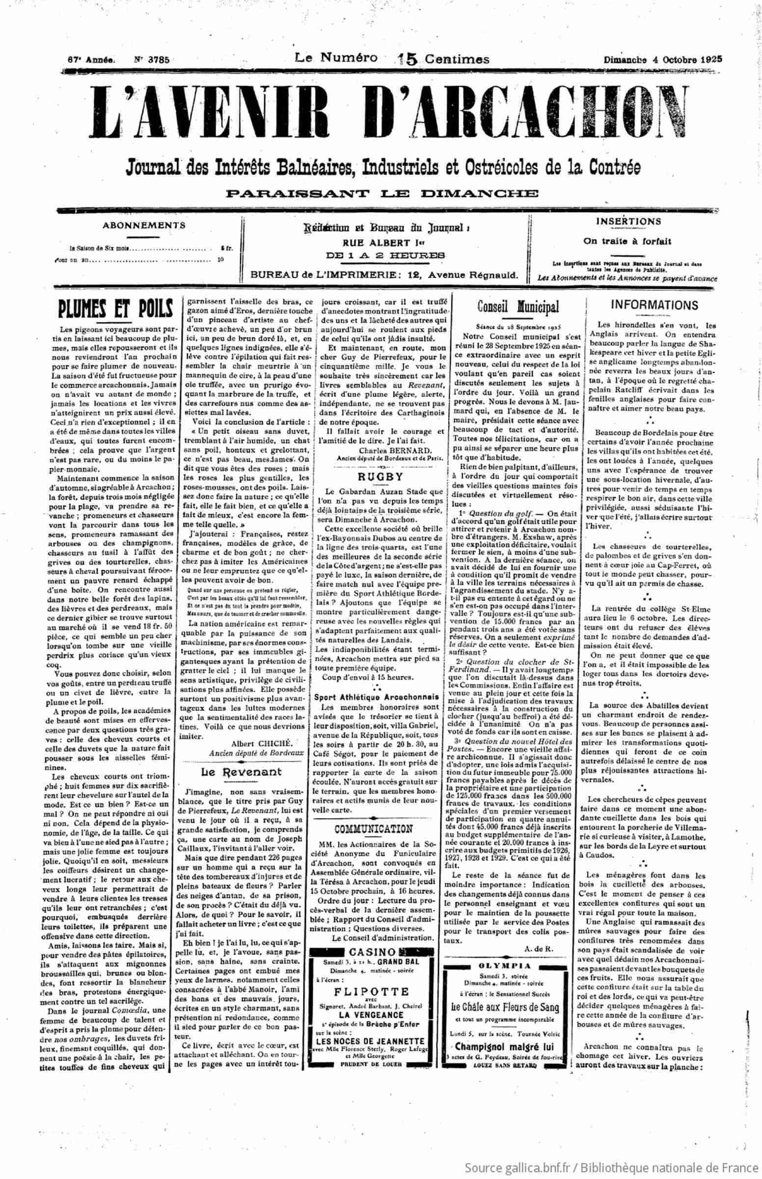 LAvenir dArcachon 1925 10 04 Page