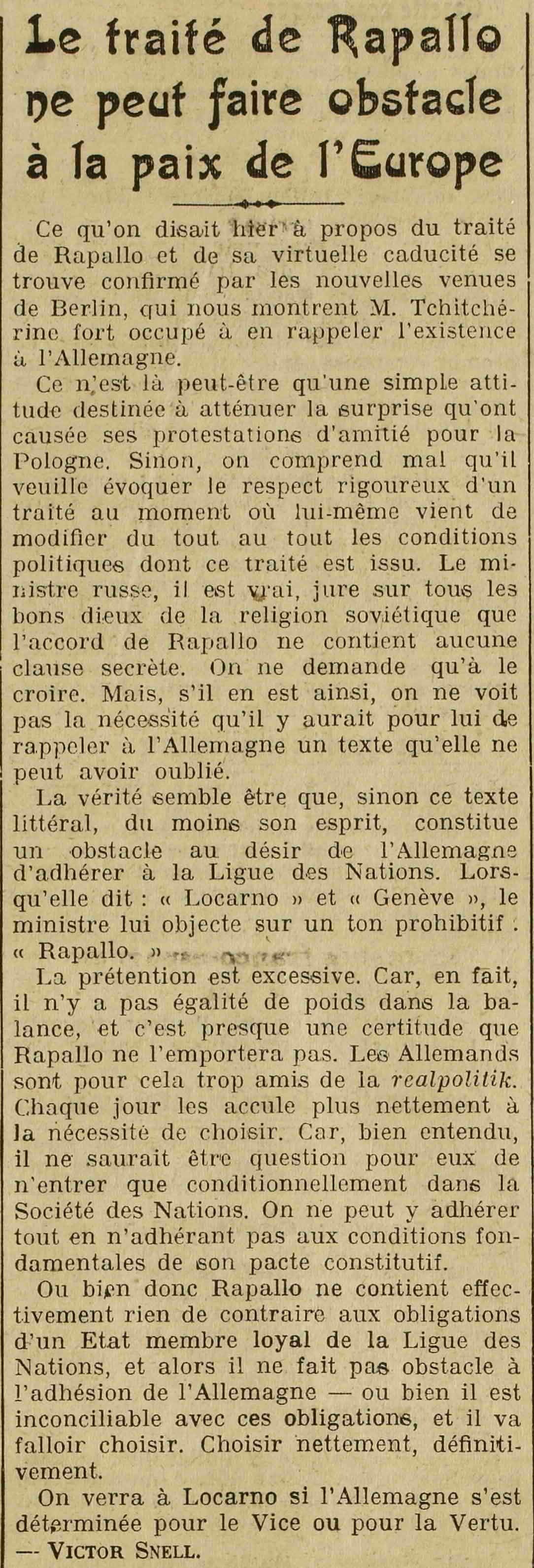 LOeuvre 1925 10 04 Le traité de Rapallo et la paix en Europe