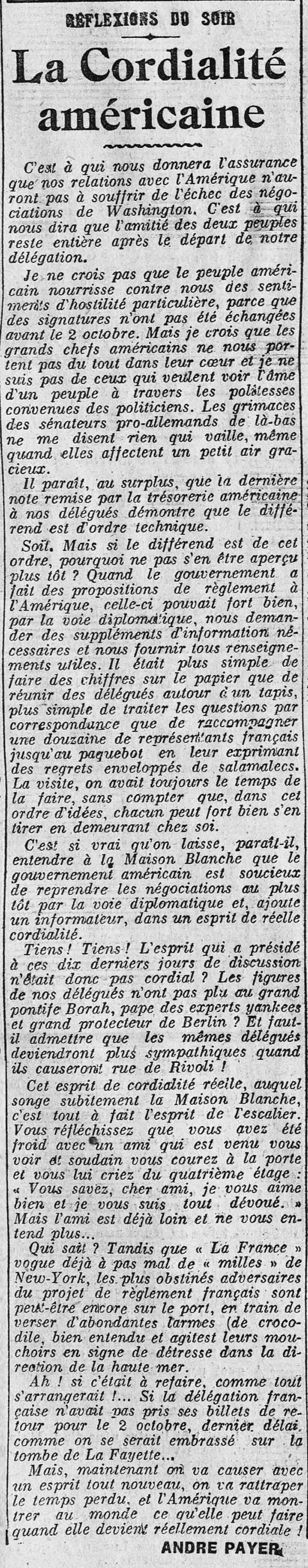 La Presse 1925 10 04 La cordialité américaine