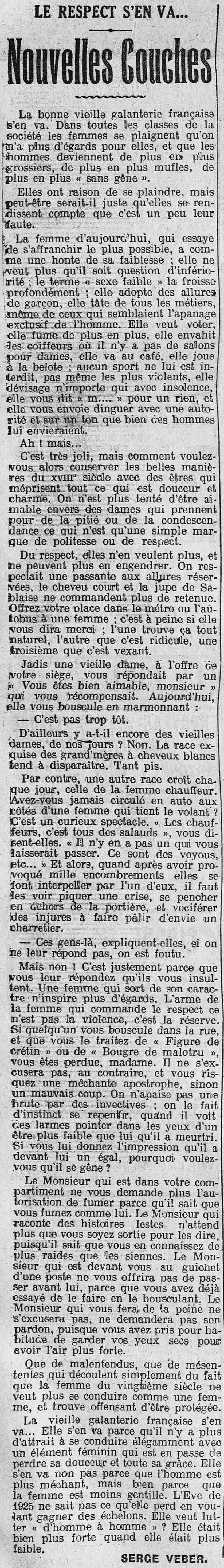 La Presse 1925 10 04 Le féminisme La bonne vieille galanterie française s'en va
