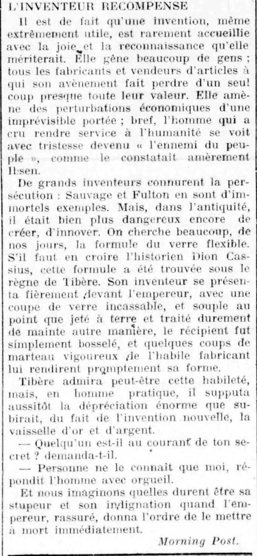 Le Funi 1925 10 04 La Récompense selon Tibère pour l'invention du verre souple