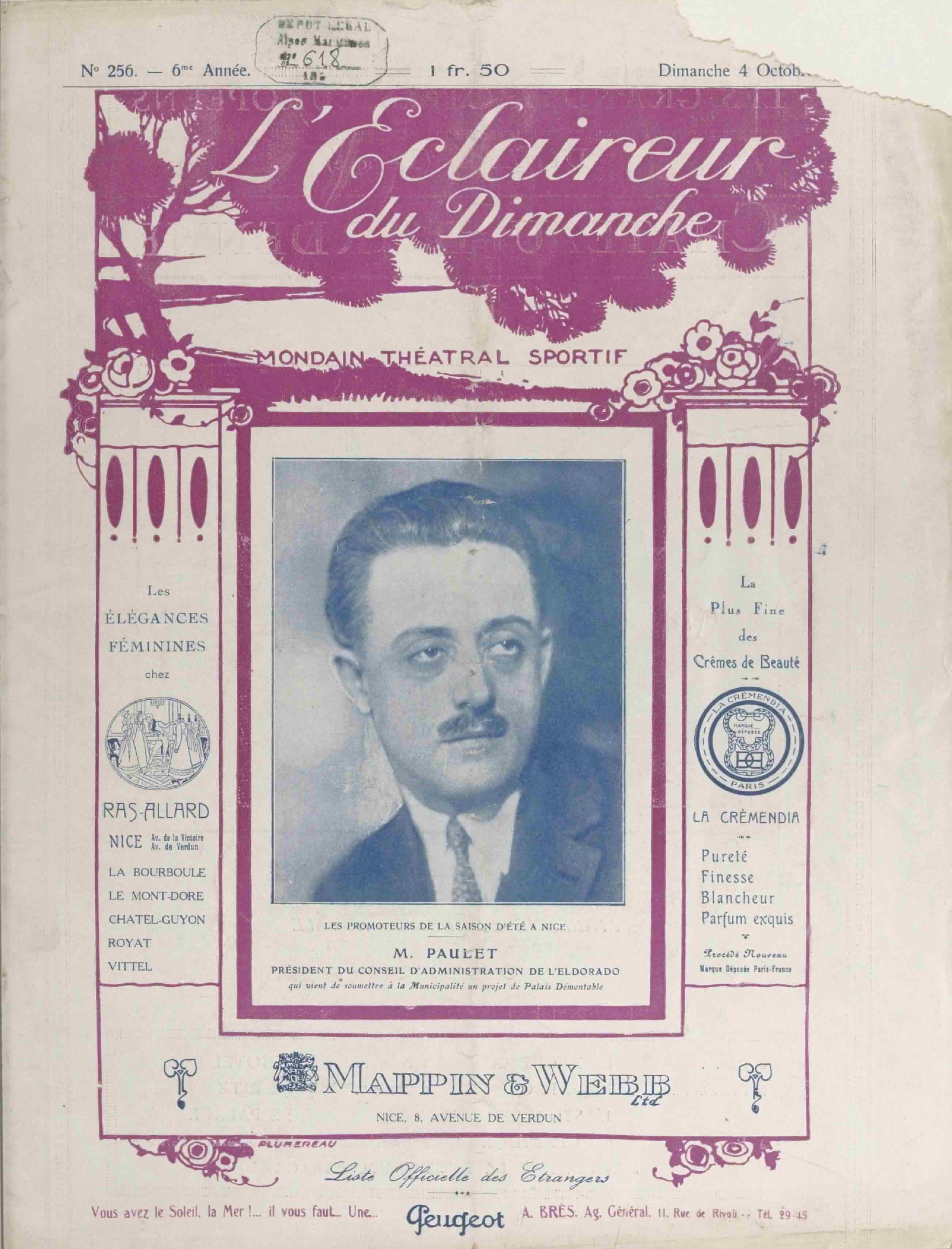 LÉclaireur du dimanche 1925 10 04 Page 01 - photographie de M. Paulet président du Conseil d'administration de l'Eldorado-Casino