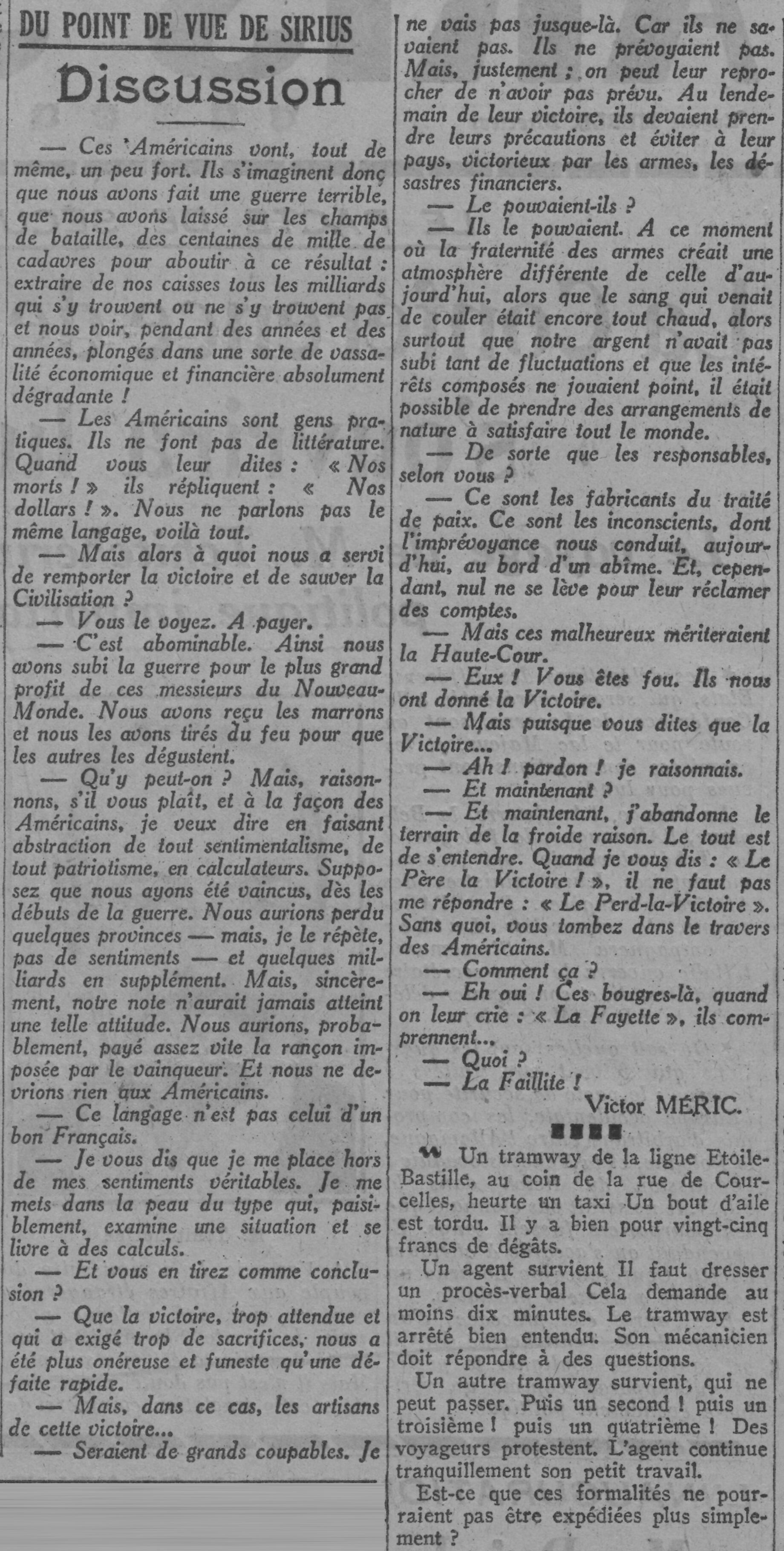 Paris soir 1925 10 04 L'avis de Sirius : les Américains sont gens pratiques