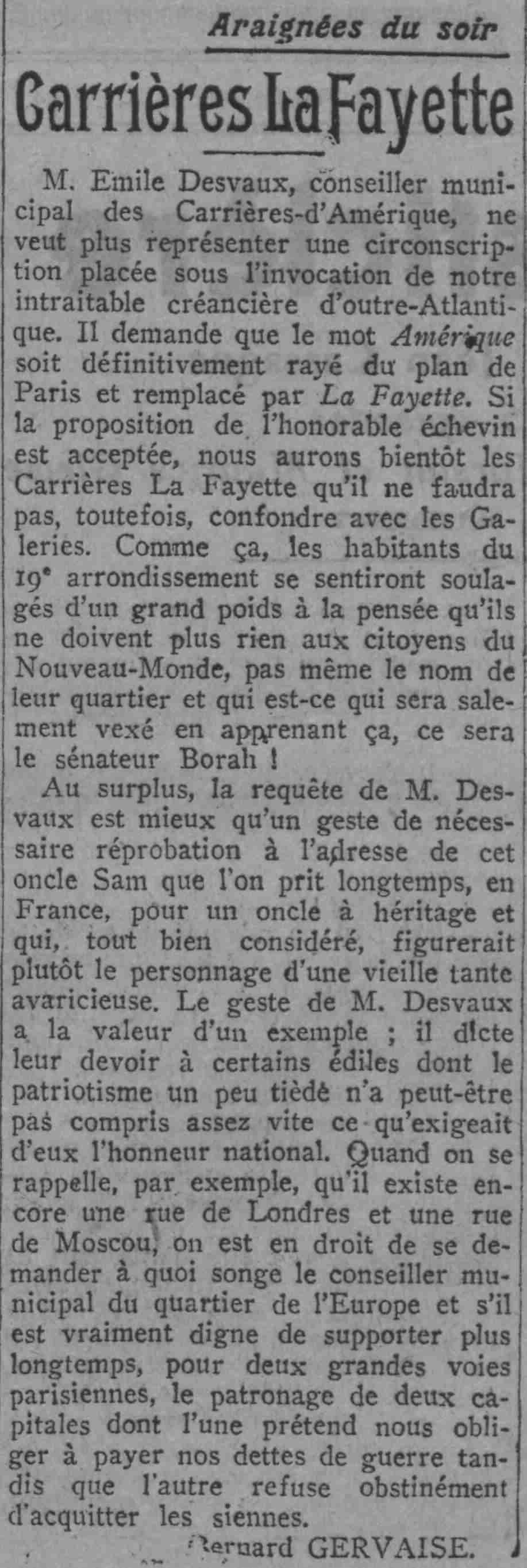 Paris soir 1925 01 06 01 M. Emile Desvaux, conseiller municipal des Carrières-d'Amérique demande que Amérique soit remplacé par Lafayette