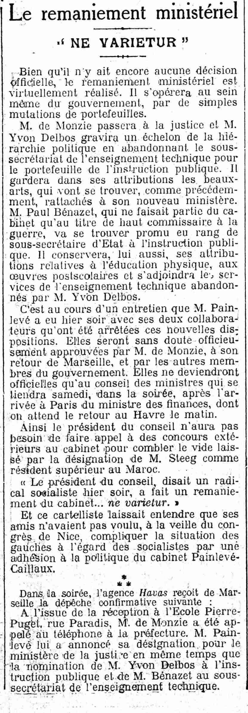 Figaro 1925 10 08 01 remaniement ministériel
