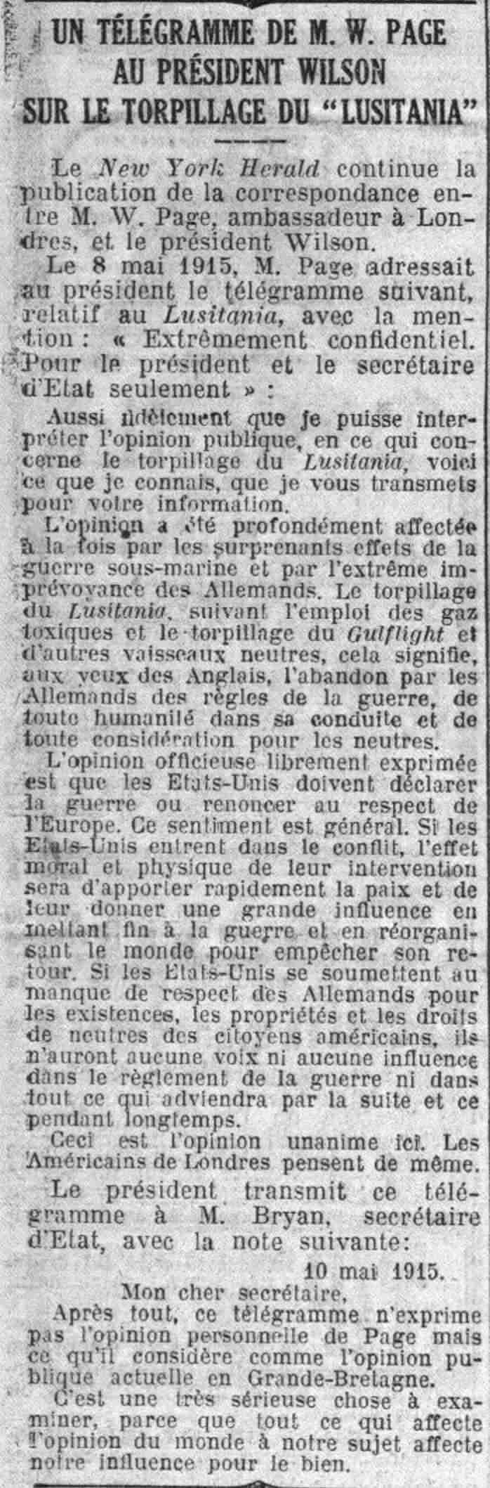Le Petit Parisien 1925 10 08 03 courrier de 1915 au président Wilson