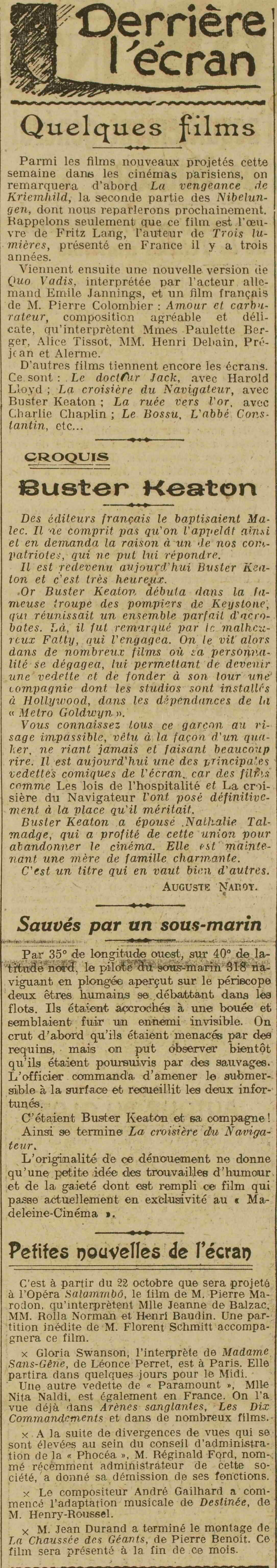 LOeuvre 1925 10 11 04 Derrière l'écran les films à l'affiche des cinéma parisiens