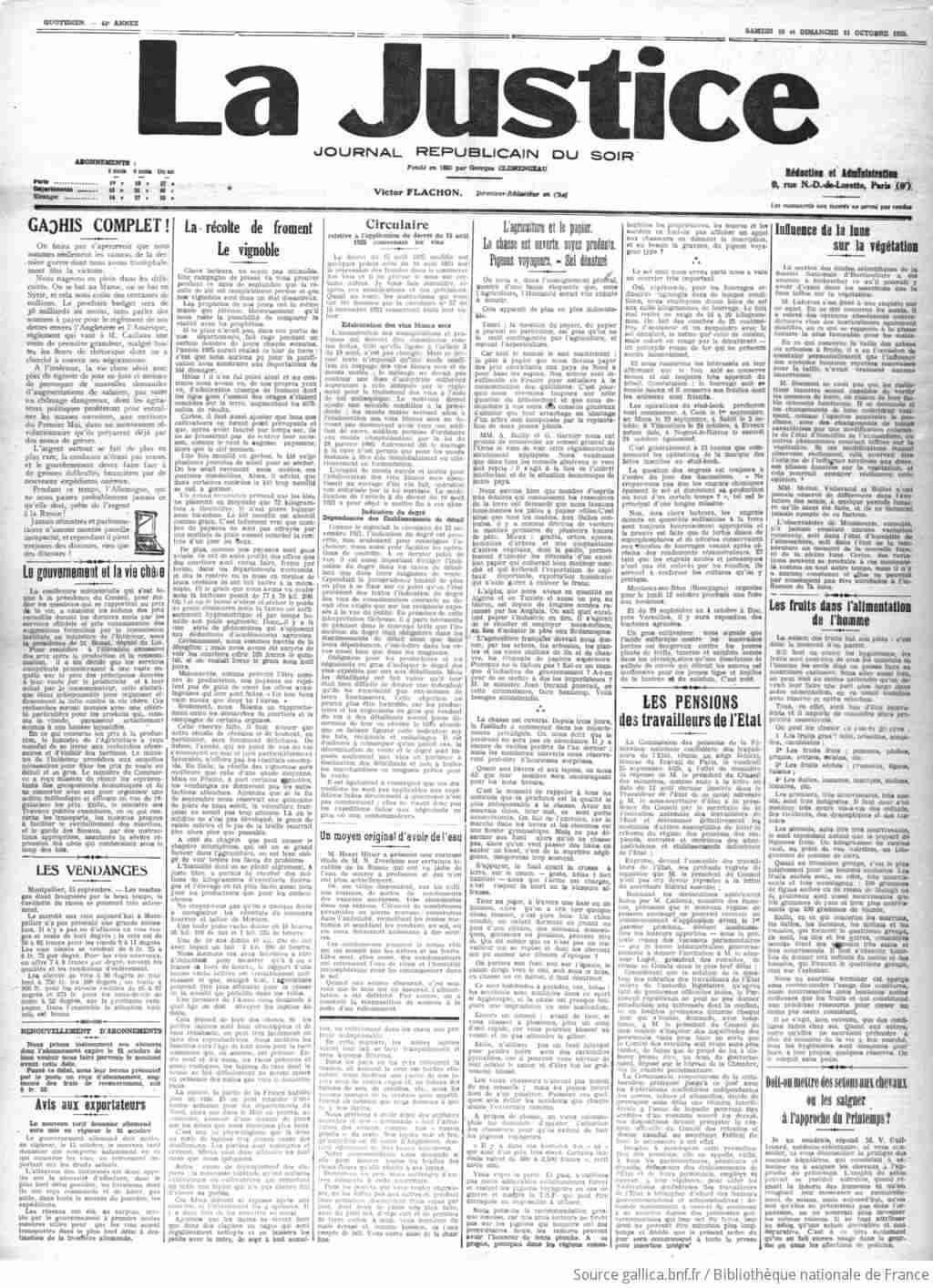 La Justice 1925 10 10 Page 01 l'agriculture