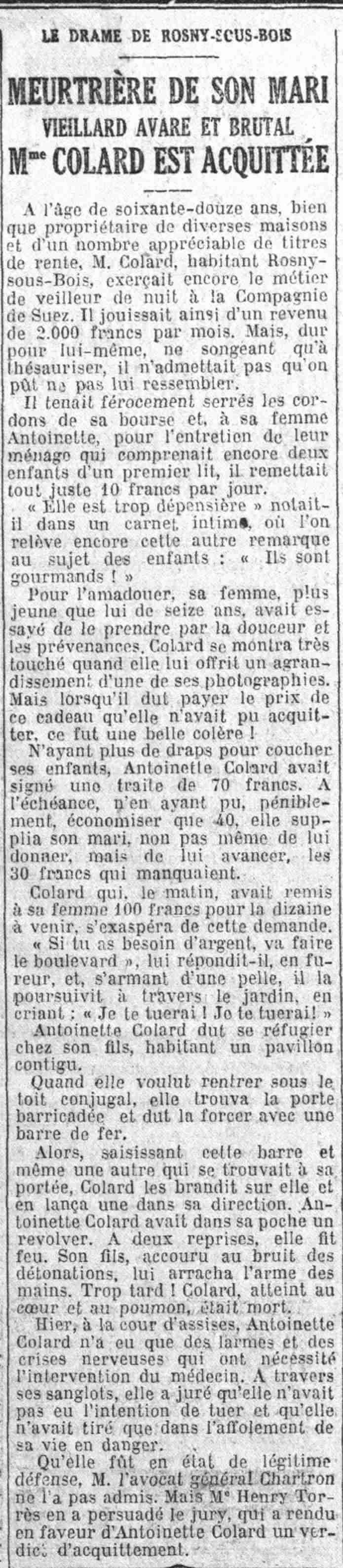 Le Petit Parisien 1925 10 11 Acquittement de Mme Colard