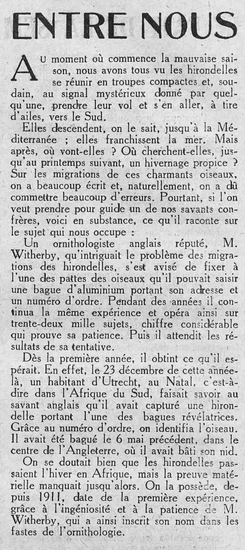 Le Petit journal illustré 1925 10 11 04  les hirondelles découverte à Natal