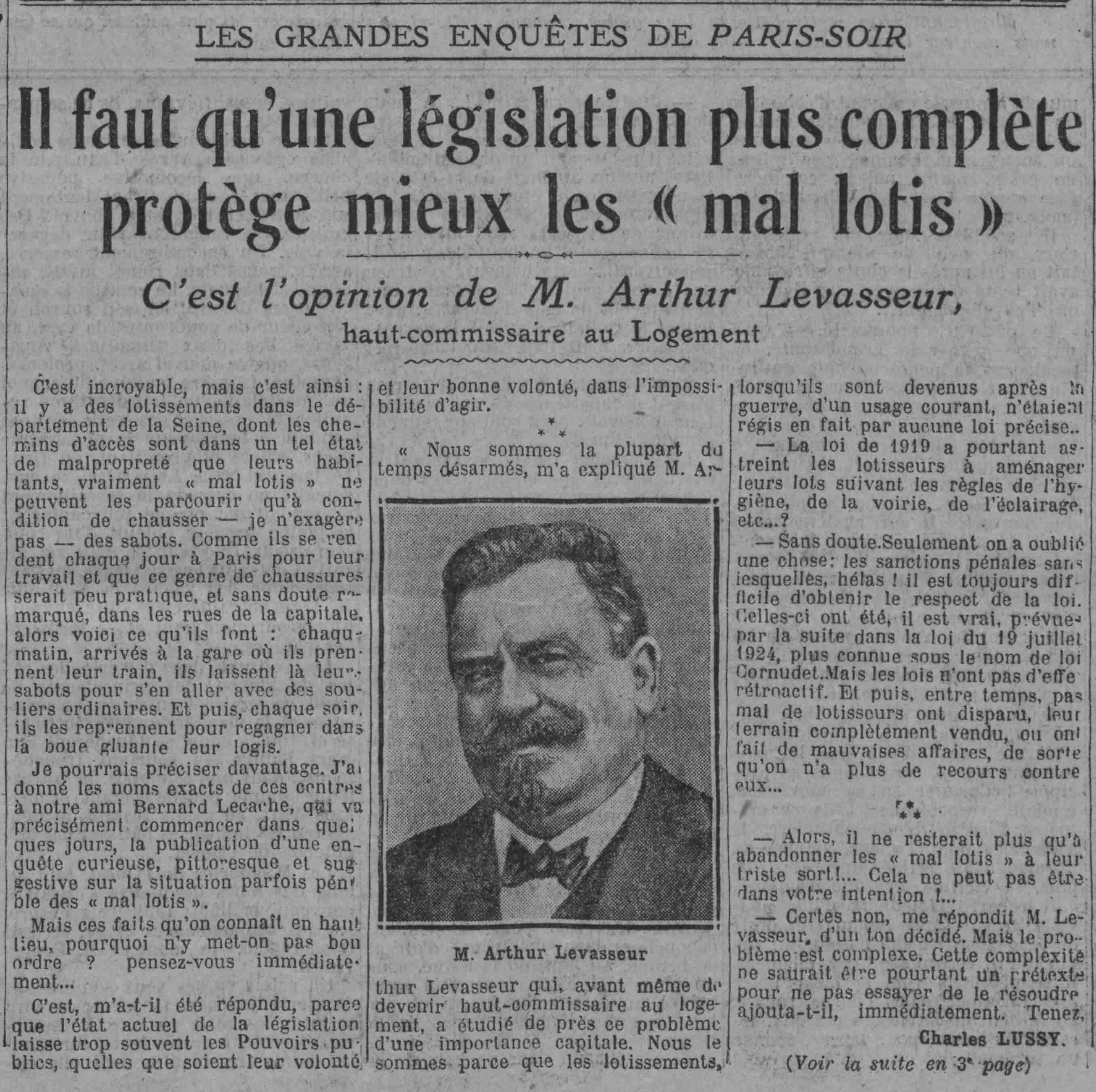 Paris soir 1925 10 11 les mal lotis