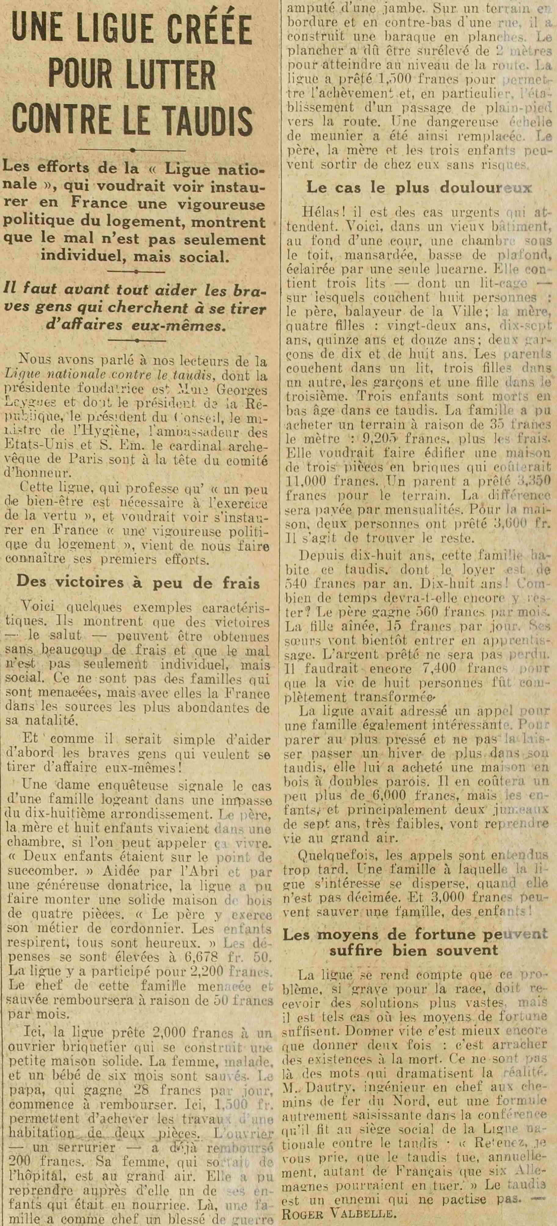 Excelsior 1925 10 18 01 une ligue créée pour lutter contre les taudis