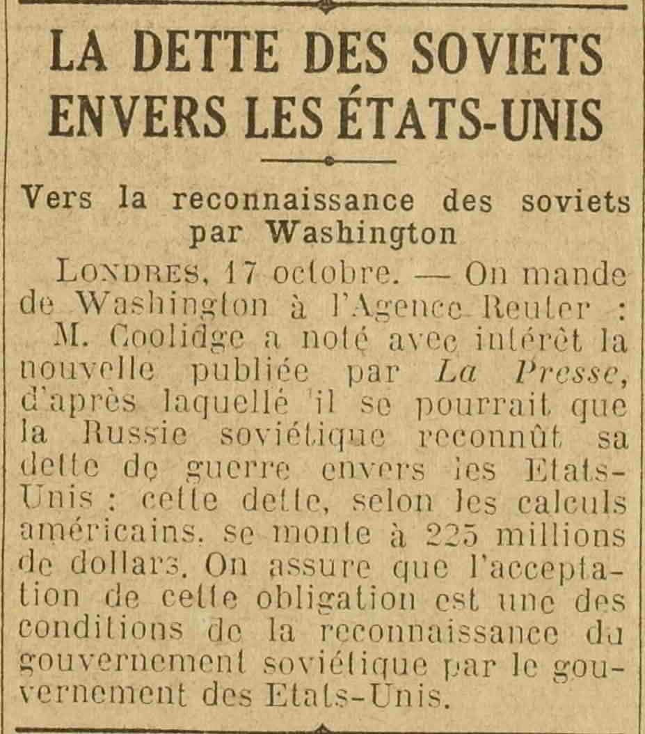 Excelsior 1925 10 18 03 la dette des soviets eners les Etats Unis